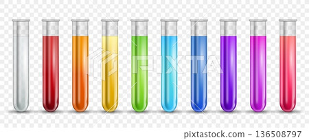 3D realistic glass test tube with biological color liquids. Transparent lab container, medicine laboratory check up equipment. Clinical diagnostic, hematology vial vector isolated mockup 136508797