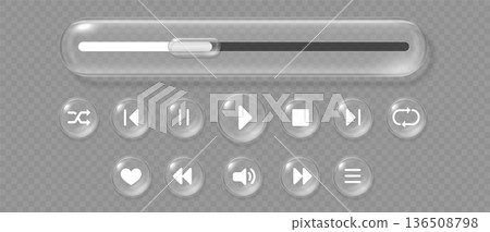 Liquid glass media play, 3d transparent realistic button with control icons. Glossy glassmorphism interface, bar slider and play, stop and pause, favorite music symbols. Mobile app UI vector template 136508798
