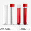 Realistic glass test tube with blood 3d mockup. Transparent empty lab container with red lid, medicine laboratory check up equipment. Clinical diagnostic, hematology vial vector isolated template 136508799