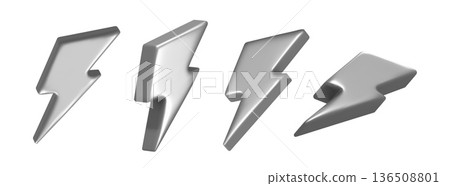 3d lightning metal icon. Silver thunder bolt flash, chrome y2k arrow, metallic thunderbolt realistic render. Electric charge warning symbol, high voltage hazard sign, energy power, fast vector emoji 136508801
