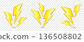 3d lightning icons. Thunder bolt electric flash yellow arrow, battery charge symbol. Thunderbolt energy strike, cartoon power logo. Realistic thunderstorm, high voltage warning isolated vector sign 136508802