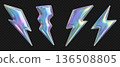 3D holographic lightning icons with neon metal hologram effect. Electric thunderbolt flash realistic soft render with rainbow gradient emoji. Energy, power and speed y2k symbol. Isolated vector set 136508805