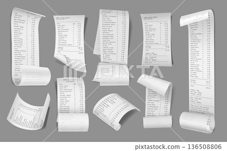 Paper receipt realistic template, register sale printed receipts mockup for POS and payment concept. 3D realistic vector isolated set Paper receipt realistic template, register sale printed receipts mockup for POS and payment concept. 3D realistic vector isolated set 136508806