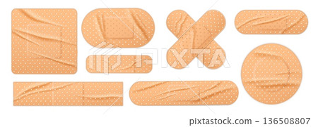 Realistic wrinkled medical plaster, first aid creased bandage, adhesive band, medicine patch. 3D band-aid for wound and injury. Accident care first aid kit. Vector isolated set Realistic wrinkled medical plaster, first aid creased bandage, adhesive band, medicine patch. 3D band-aid for wound and injury. Accident care first aid kit. Vector isolated set 136508807