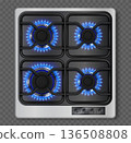 Gas stove, 3d hob with fire and realistic burner with blue flame top view. Cooking oven and stovetop burning propane ring. Natural gas glowing burner and kitchen cooker flame. Isolated vector set 136508808