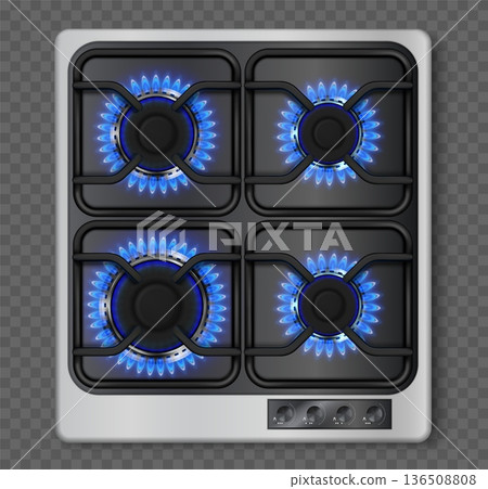 Gas stove, 3d hob with fire and realistic burner with blue flame top view. Cooking oven and stovetop burning propane ring. Natural gas glowing burner and kitchen cooker flame. Isolated vector set Gas stove, 3d hob with fire and realistic burner with blue flame top view. Cooking oven and stovetop burning propane ring. Natural gas glowing burner and kitchen cooker flame. Isolated vector set 136508808