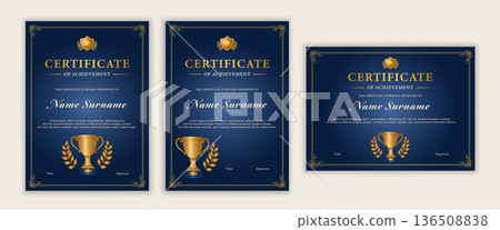 Premium elegant certificate of achievement template with gold trophy for awards and recognition 136508838