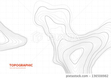Abstract black and white topographic map background with contour lines on a grid. Terrain relief illustration for geography, hiking, or minimal web design. Vector illustration. 136508982