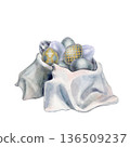 Painted pearl-gray Easter eggs in a deep bowl covered with a pleated white cloth napkin. Watercolor clip art illustration of a table setting with bread, painted Easter eggs, and any baked goods. 136509237