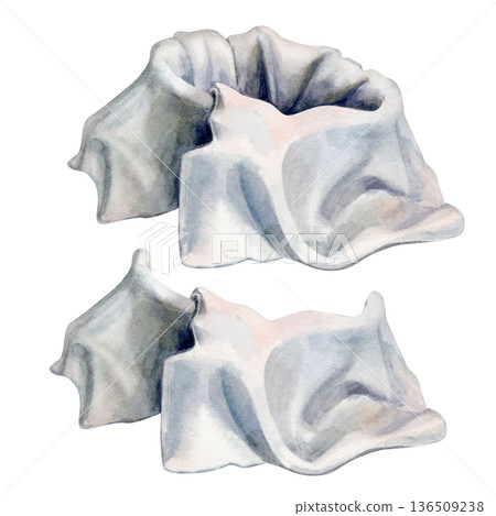 White fabric, artfully folded like a napkin for a deep plate, is hand-painted with watercolors. Elements of a bread box template for setting a table with bread, painted Easter eggs, any baked goods White fabric, artfully folded like a napkin for a deep plate, is hand-painted with watercolors. Elements of a bread box template for setting a table with bread, painted Easter eggs, any baked goods 136509238