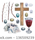 Easter set of a simple wooden cross, pussy willow branches, white fabric, pearl-gray patterned eggs, and a glass goblet of red wine. Watercolor illustration for religious designs, church websites 136509239