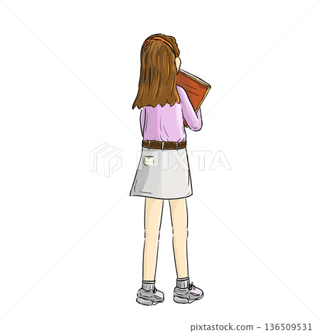 A girl holding a book back view color sketch illustration A girl holding a book back view color sketch illustration 136509531