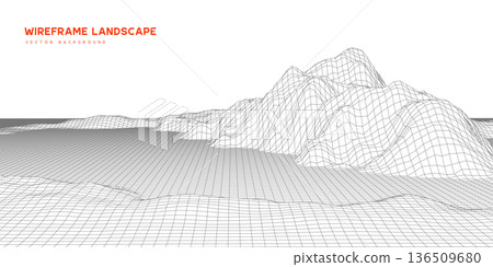 Minimalist 3D wireframe landscape background. Digital terrain with mountain mesh grid for technology, gaming, and futuristic data visualization concepts. Vector illustration. 136509680