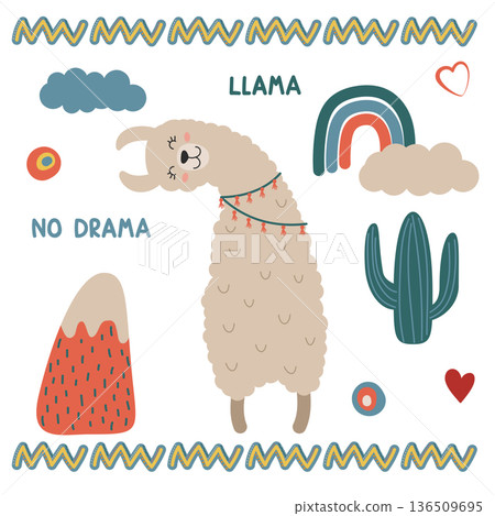 cute llama and decor elements cute llama and decor elements 136509695