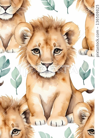 Watercolor cute lion cub seamless pattern for wrapping paper and fabric design 136509825