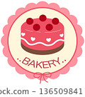 cute pink bakery labels and badges with cherry chocolate cake illustration 136509841