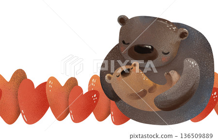 Seamless pattern with mother bear with cub curled up together, border of textured red hearts. Perfect for nursery bedding, baby shower wrapping paper, kids pajamas, Valentine's Day, Mother's Day 136509889