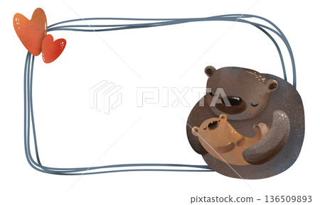 Cute bear mother and baby cuddling inside a cozy frame with textured heart and soft blue ribbons. Perfect for Mother's Day, baby shower invites, nursery wall, maternity prints, family love designs Cute bear mother and baby cuddling inside a cozy frame with textured heart and soft blue ribbons. Perfect for Mother's Day, baby shower invites, nursery wall, maternity prints, family love designs 136509893