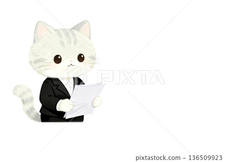 商務貓咪角色系列 | 文件確認與辦公室工作圖（白色背景，留有文字空間） 136509923