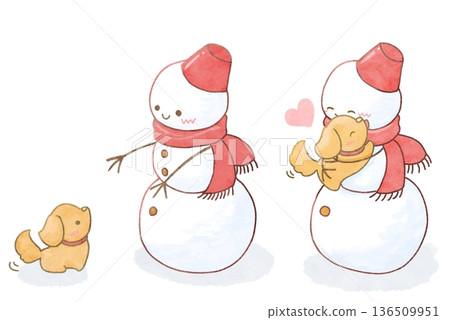 Illustration of a Snowman Hugging a Puppy 136509951
