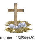Simple Easter composition with a wooden cross and pearl-gray eggs on straw. A minimalist hand-drawn watercolor illustration for religious designs, church websites, newsletters, and greeting cards. 136509980