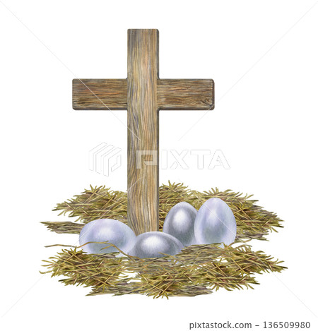 Simple Easter composition with a wooden cross and pearl-gray eggs on straw. A minimalist hand-drawn watercolor illustration for religious designs, church websites, newsletters, and greeting cards. Simple Easter composition with a wooden cross and pearl-gray eggs on straw. A minimalist hand-drawn watercolor illustration for religious designs, church websites, newsletters, and greeting cards. 136509980
