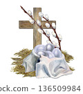 Simple wooden cross, willow branches, Easter eggs in a deep bowl covered with a pleated white cloth napkin. Watercolor illustration for religious designs, church websites and bulletins, greeting cards 136509984