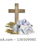 Simple wooden cross, Easter eggs in a deep bowl covered with a pleated white cloth napkin. Watercolor illustration hand drawn for religious designs, church websites and bulletins, greeting cards 136509985