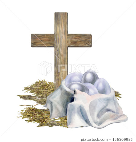 Simple wooden cross, Easter eggs in a deep bowl covered with a pleated white cloth napkin. Watercolor illustration hand drawn for religious designs, church websites and bulletins, greeting cards Simple wooden cross, Easter eggs in a deep bowl covered with a pleated white cloth napkin. Watercolor illustration hand drawn for religious designs, church websites and bulletins, greeting cards 136509985