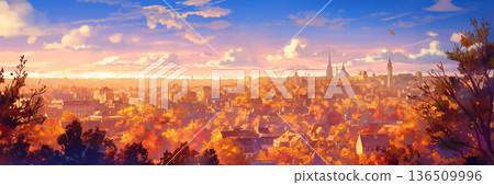 Autumn sunset cityscape, anime style 136509996