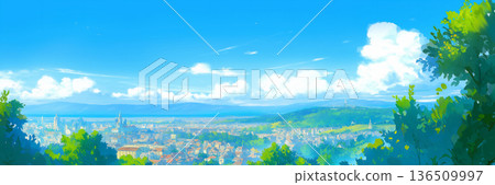 清爽的藍天城市景觀，動漫風格 136509997