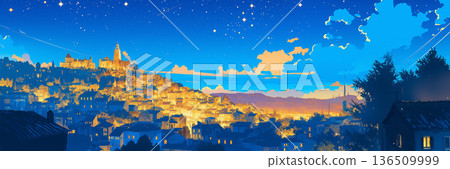 夜幕下的城市遠景，動漫風格 136509999