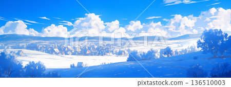 白雪皚皚的城市景觀，動漫風格 136510003