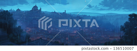 雨中城市景觀，動漫風格 136510007