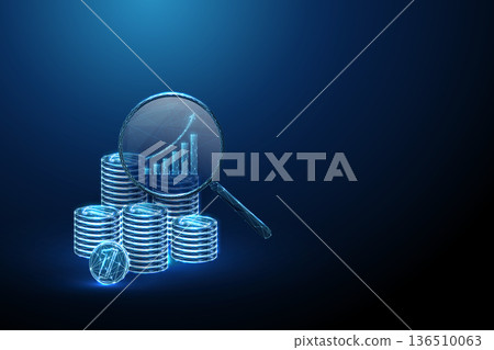 3d stacks of coins under magnifying glass with upward graph. Financial analysis, investment growth, market research, revenue analytics, business intelligence concept. 3d stacks of coins under magnifying glass with upward graph. Financial analysis, investment growth, market research, revenue analytics, business intelligence concept. 136510063