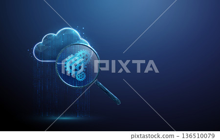 3d data cloud in flowing stream of dots, magnifying glass with gears Data processing analysis, system automation, workflow optimization, technology inspection concept. 3d data cloud in flowing stream of dots, magnifying glass with gears Data processing analysis, system automation, workflow optimization, technology inspection concept. 136510079