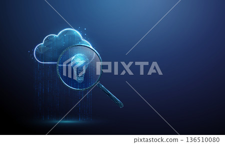 3d blue data cloud in flowing stream of dots under magnifying glass with light bulb. Idea discovery from data, insight generation, creative problem solving concept. 3d blue data cloud in flowing stream of dots under magnifying glass with light bulb. Idea discovery from data, insight generation, creative problem solving concept. 136510080