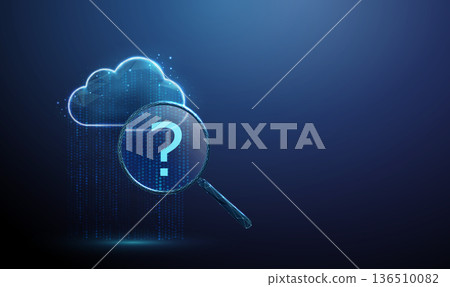 3d data cloud in flowing data stream under magnifying glass with question mark. Data investigation, diagnostics, information search, problem identification concept. 3d data cloud in flowing data stream under magnifying glass with question mark. Data investigation, diagnostics, information search, problem identification concept. 136510082