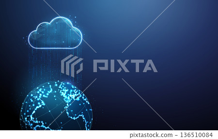 3d data cloud, planet Earth,flowing data stream. Global data exchange, worldwide cloud computing, distributed networks, cloud services, digital communication concept. 136510084