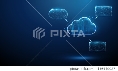 3d cloud of data with streams of blue digital points inside surrounded by empty speech bubbles. Communication, messaging, interaction, information processing concept. 136510087