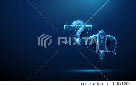 Speech bubbles with a question mark and a rocket icon. Question processing, AI-powered chatbots, fast response systems, intelligent assistance concept. 136510093