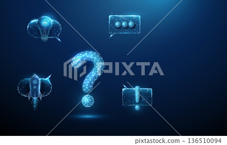 3d question mark surrounded by speech bubbles with light bulb, exclamation mark, rocket, ellipsis. Idea generation, problem solving, discussion, exploration concept. 136510094