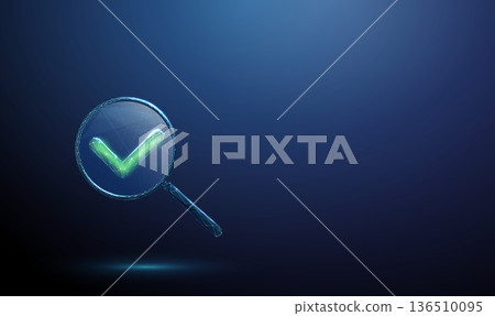3d blue magnifying glass with green check mark. Successful verification, confirmed result, quality assurance, compliance confirmation,  reliable evaluation concept. 136510095