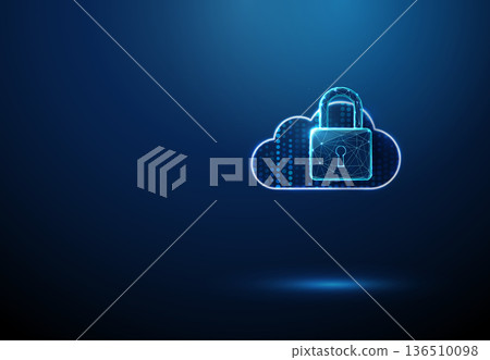 3d blue data cloud with dots inside and padlock. Cloud security, data protection, privacy, access control, encrypted information, safe digital infrastructure concept. 136510098