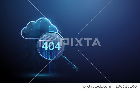 3d data cloud with magnifying glass containing 404. Error detection, website monitoring, troubleshooting, network analysis, data search, cybersecurity alert concept. 136510100