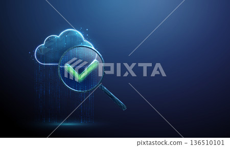 3d data cloud with flowing data stream, magnifying glass with green check mark. Successful verification, data validation, error-free analysis, verified information concept. 3d data cloud with flowing data stream, magnifying glass with green check mark. Successful verification, data validation, error-free analysis, verified information concept. 136510101