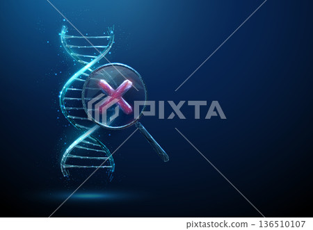 3d DNA strand under magnifying glass with red cross. Detection of genetic mutations, identification of hereditary diseases, problem identification in DNA research concept. 3d DNA strand under magnifying glass with red cross. Detection of genetic mutations, identification of hereditary diseases, problem identification in DNA research concept. 136510107