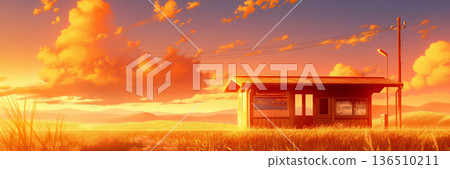 鄉村的日落和廢棄車站，動漫風格 136510211