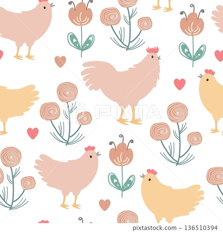 Seamless pattern with chicken, hen and doodle flowers on white background. Hand drawn spring background. Vector illustration. Seamless pattern with chicken, hen and doodle flowers on white background. Hand drawn spring background. Vector illustration. 136510394