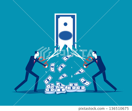 Value Added. Businessman take scissors to falling banknote Value Added. Businessman take scissors to falling banknote 136510675